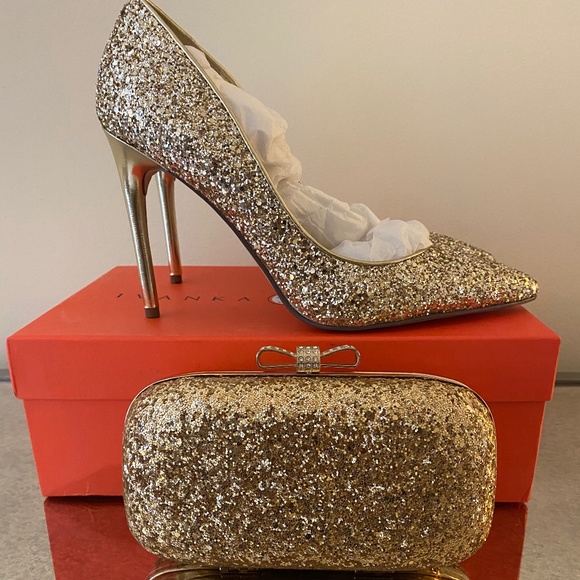 Ivanka Trump Shoes - Ivanka Trump, Keydena Gold Glitter Stiletto & Clutch Set, Sz 9.5